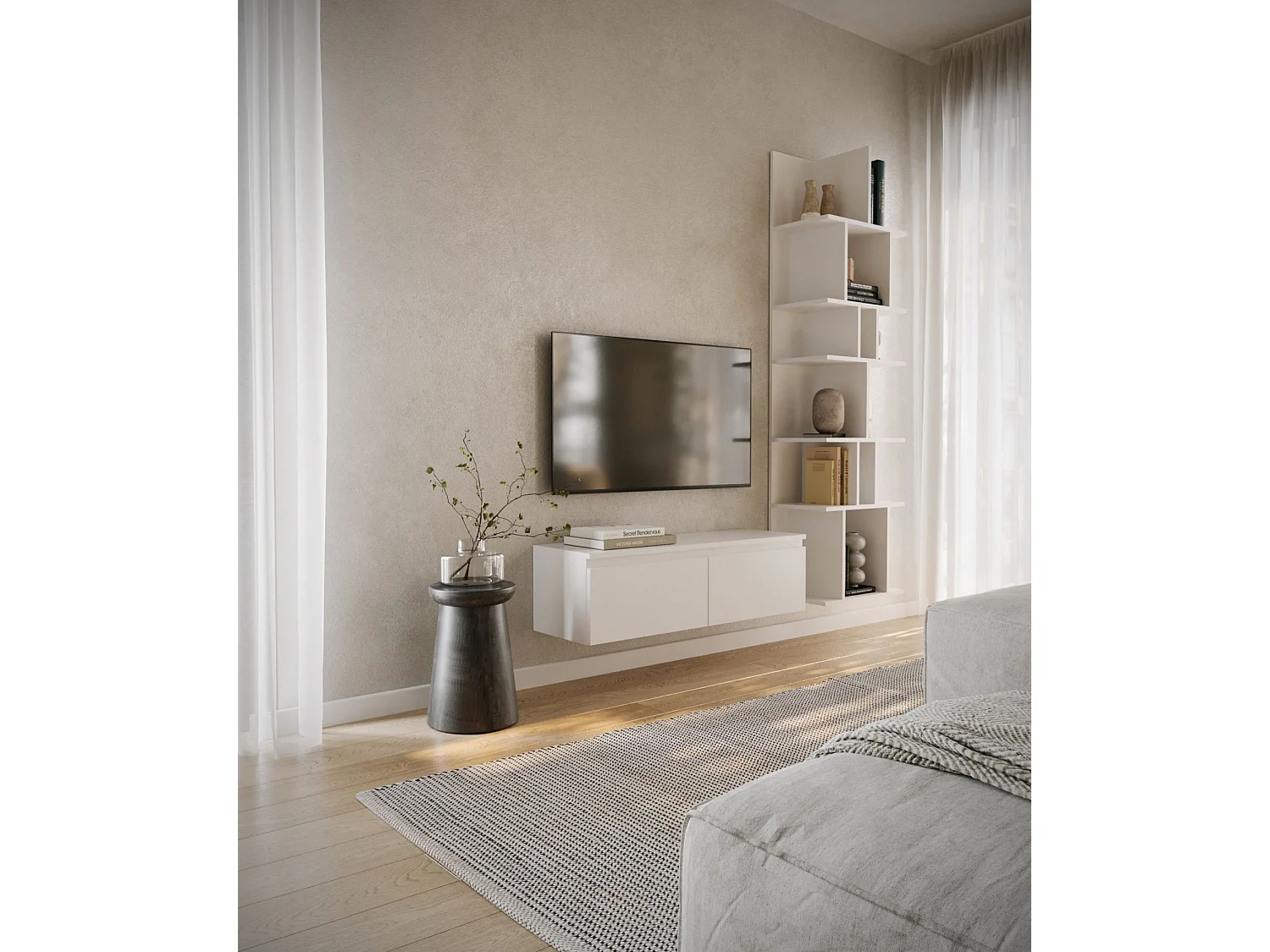 Meuble TV 2 portes -suspendu - 100 cm - blanc - BEMMI