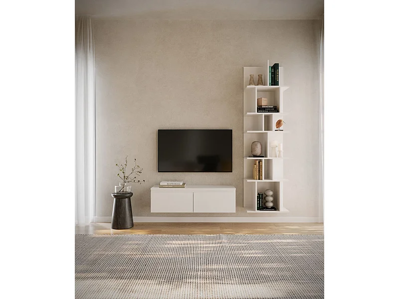 Meuble TV 2 portes -suspendu - 100 cm - blanc - BEMMI