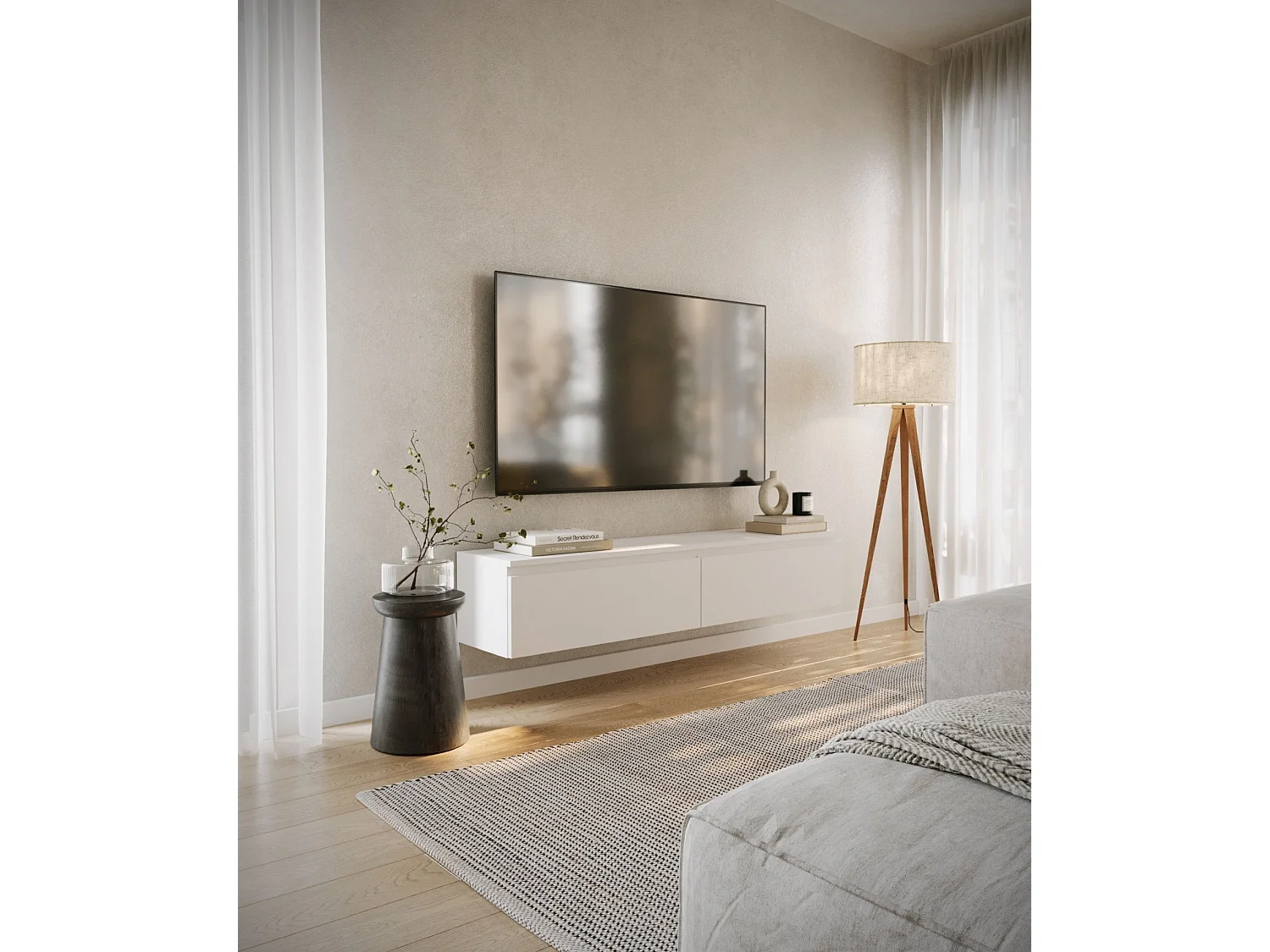 Meuble TV 2 portes -suspendu - 150 cm - blanc - BEMMI