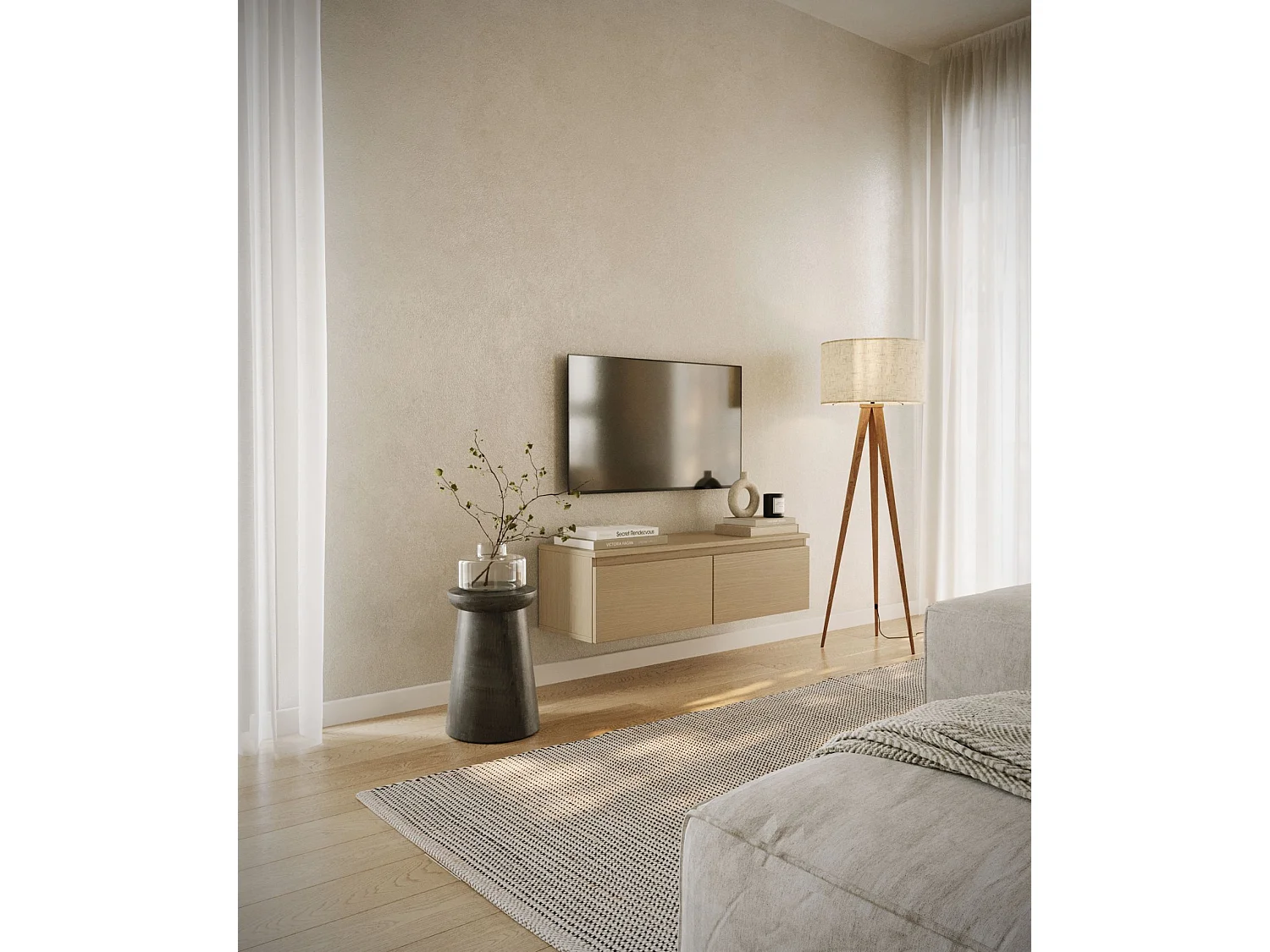 Meuble TV 2 portes -suspendu - 100 cm - chêne de Lindberg - BEMMI