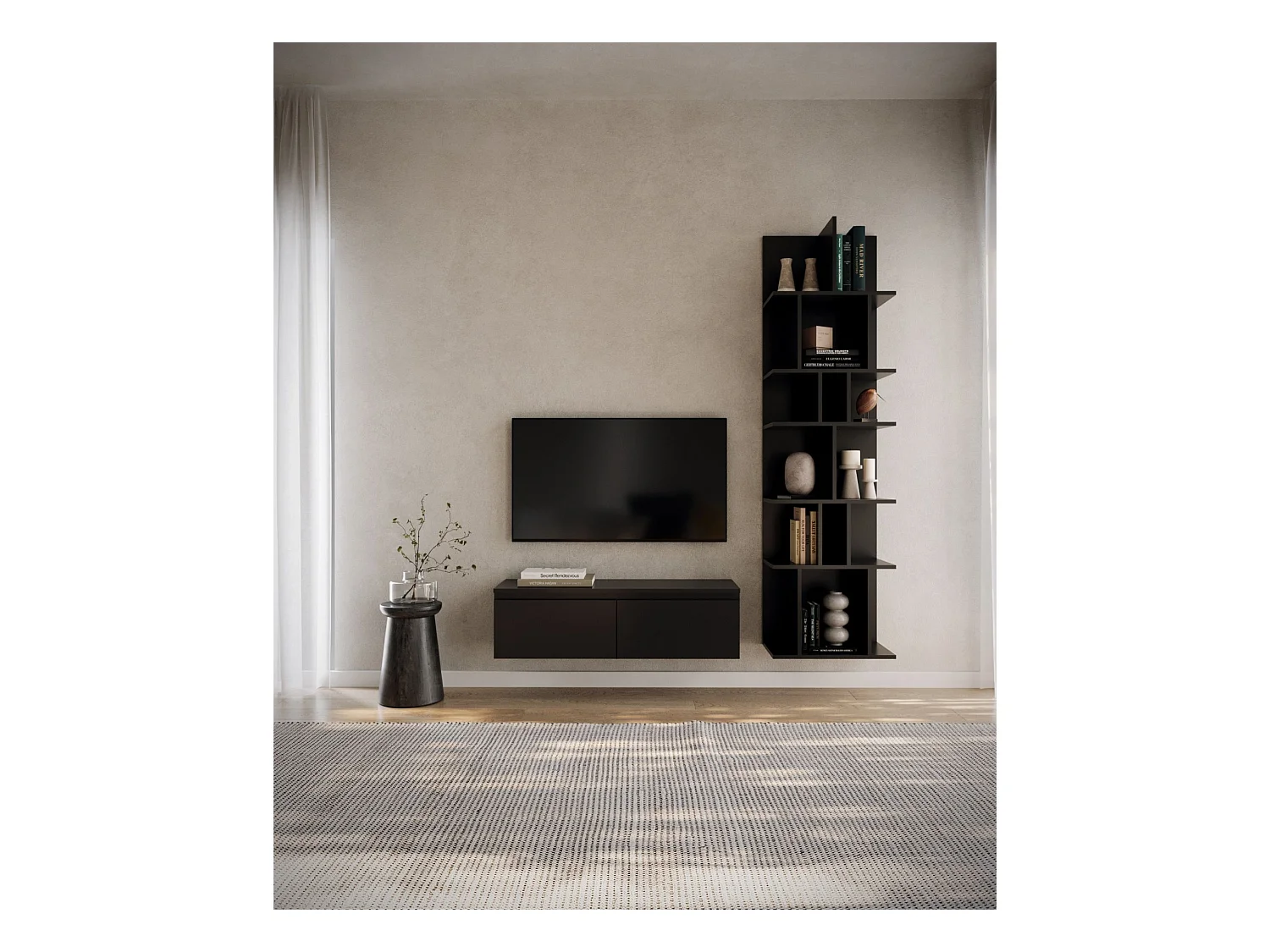 Meuble TV 2 portes -suspendu - 100 cm - noir - BEMMI