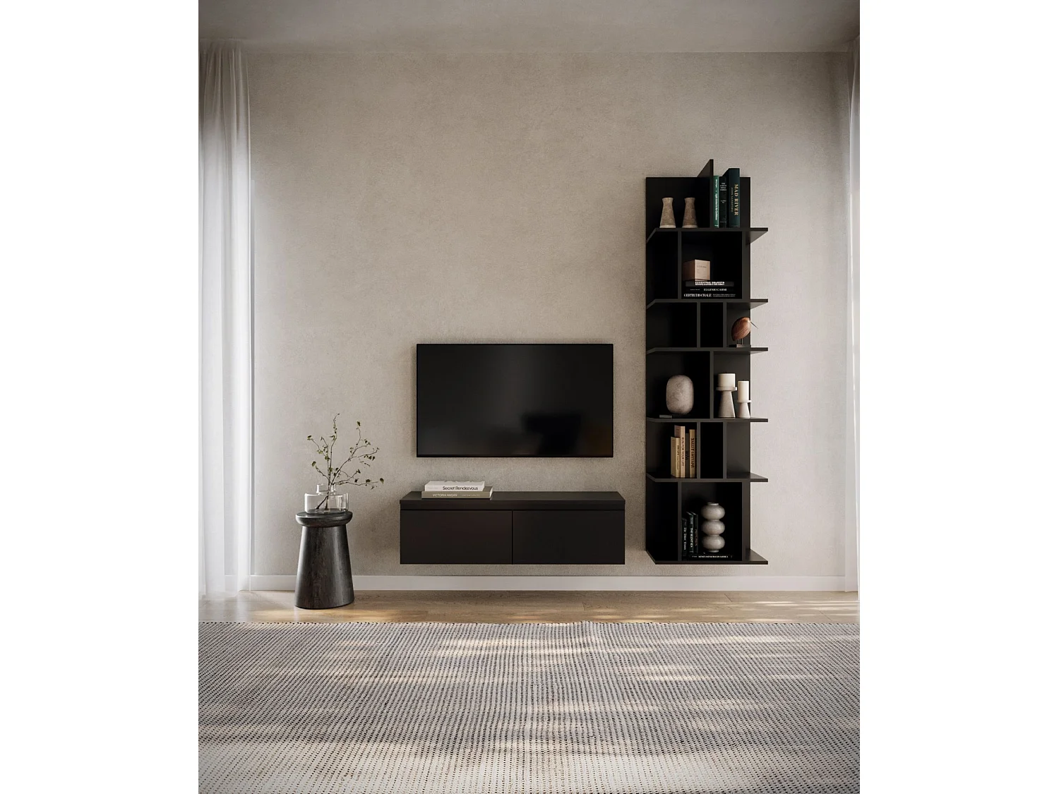 Meuble TV 2 portes -suspendu - 100 cm - noir - BEMMI