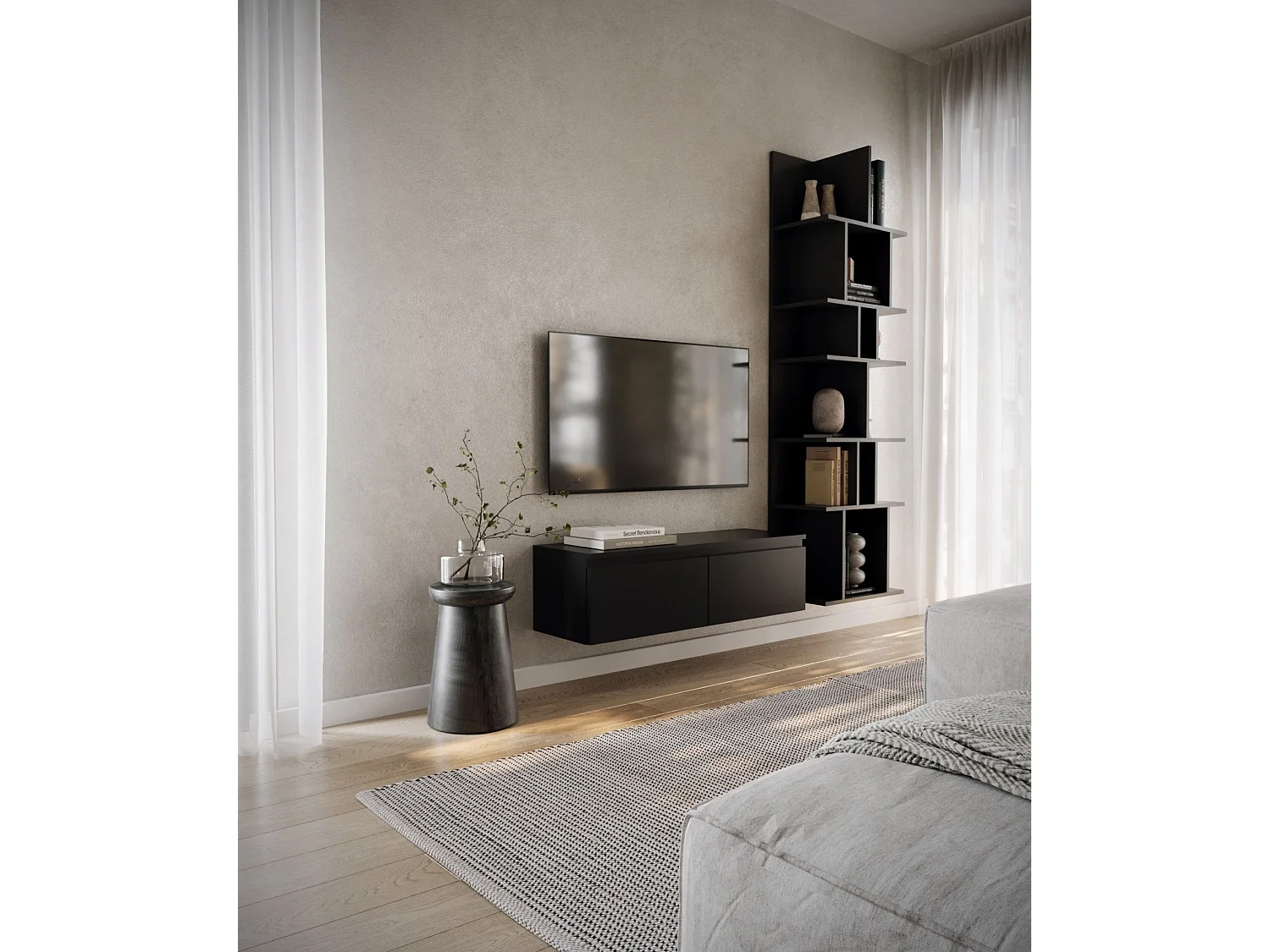 Meuble TV 2 portes -suspendu - 100 cm - noir - BEMMI