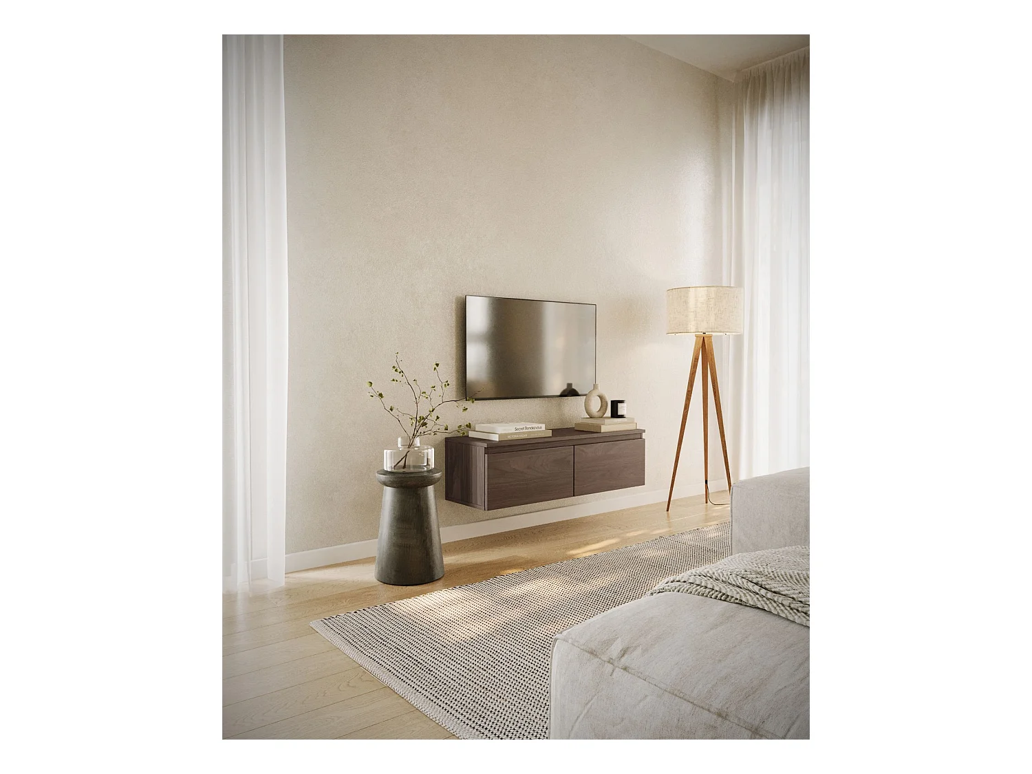 Meuble TV 2 portes -suspendu - 100 cm - noyer du Wisconsin - BEMMI