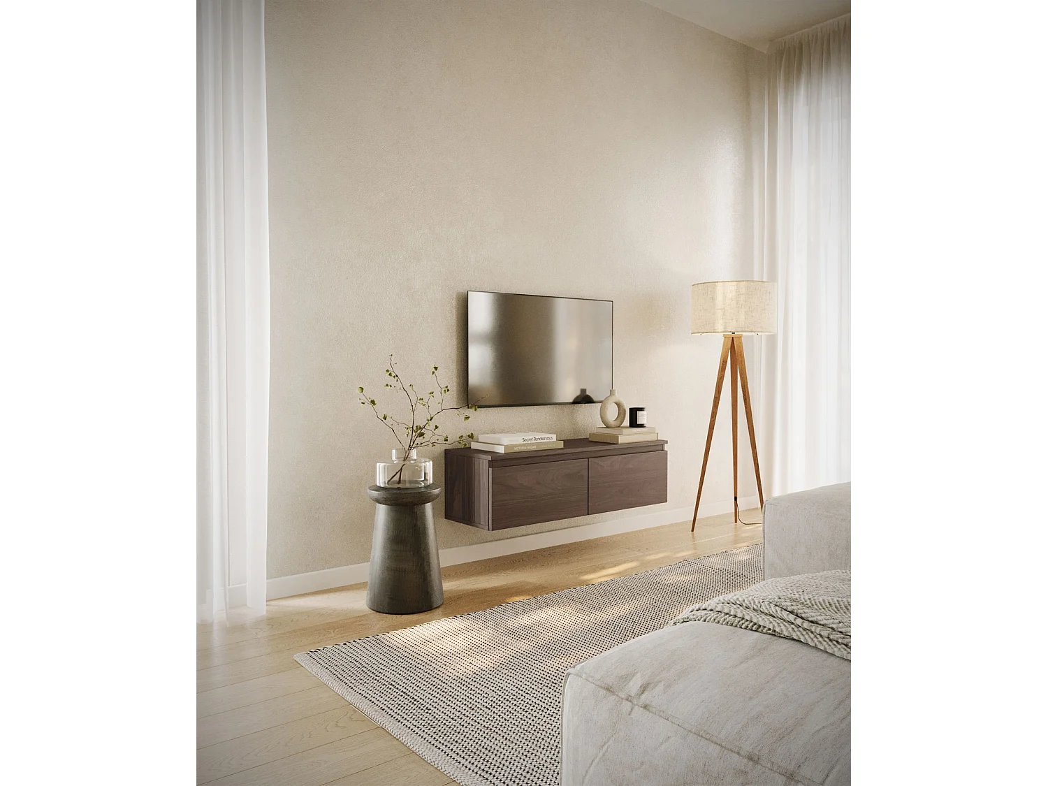 Meuble TV 2 portes -suspendu - 100 cm - noyer du Wisconsin - BEMMI