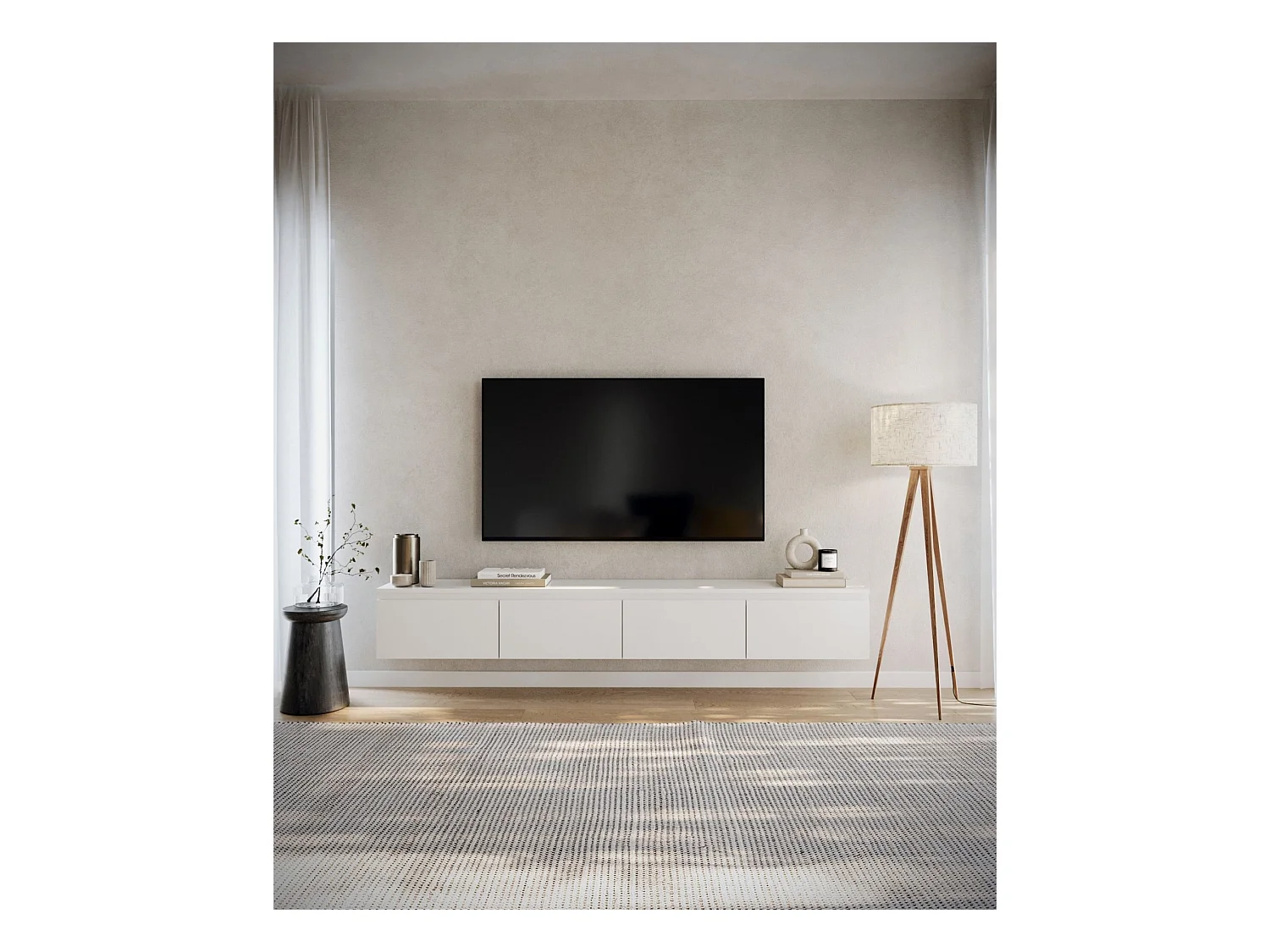 Meuble TV 4 portes -suspendu - 200 cm - blanc - BEMMI
