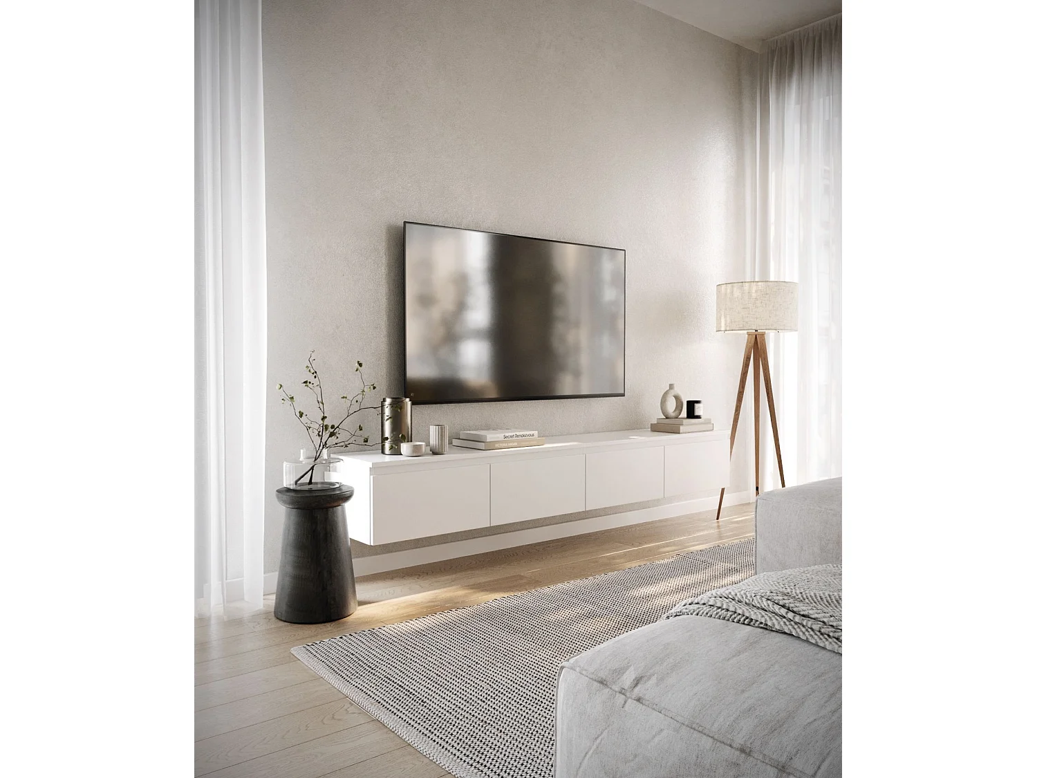 Meuble TV 4 portes -suspendu - 200 cm - blanc - BEMMI