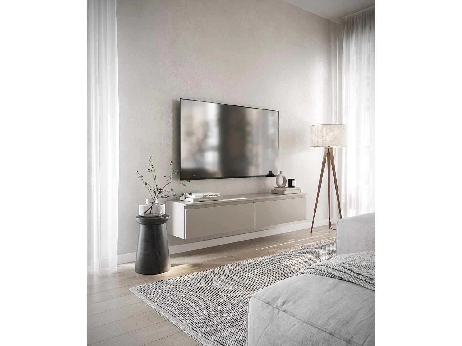 Meuble TV 2 portes -suspendu - 150 cm - greige - BEMMI