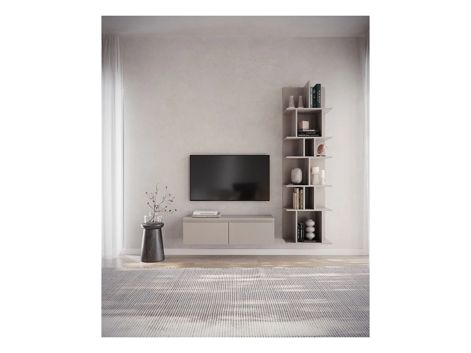 Meuble TV 2 portes -suspendu - 100 cm - greige - BEMMI