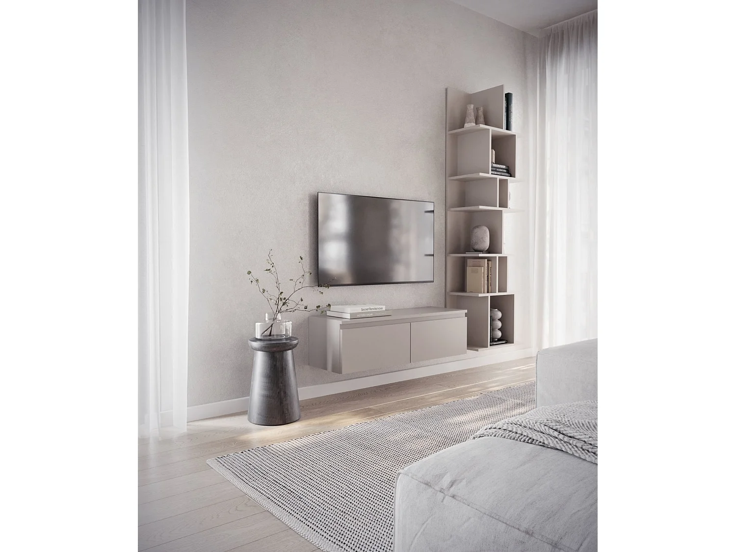 Meuble TV 2 portes -suspendu - 100 cm - greige - BEMMI