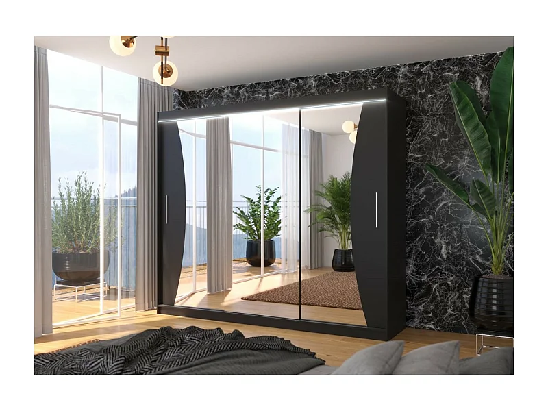 Armoire Enzo (250cm)/portes coulissantes/miroir/LED/Noir