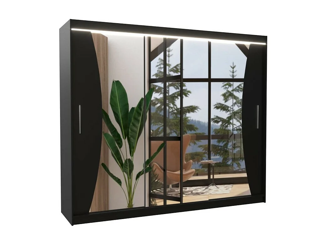 Armadio Enzo (250cm)/ante scorrevoli/specchio/LED/Nero