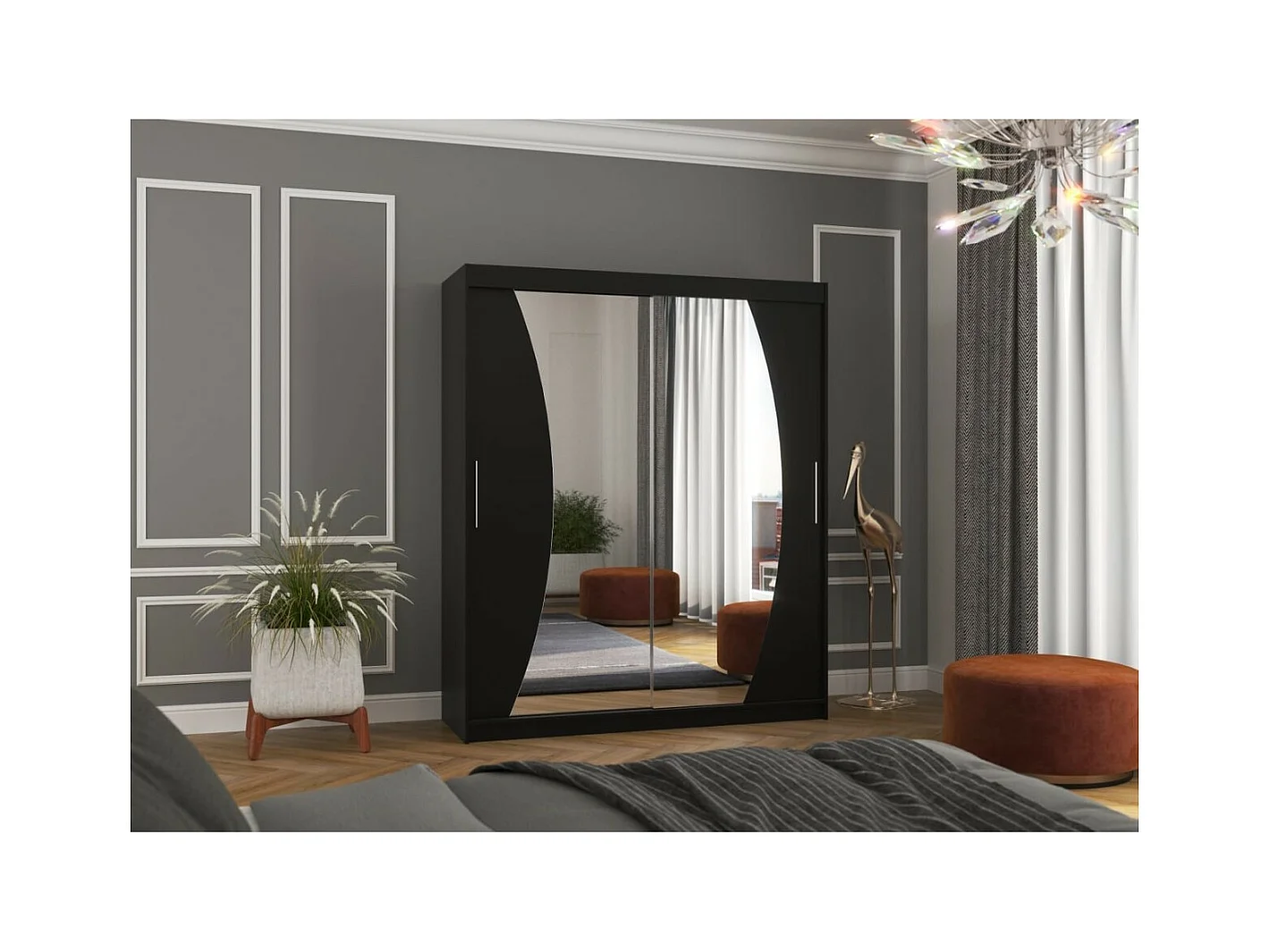 Armadio Lola (180cm)/ante scorrevoli/specchio/Nero