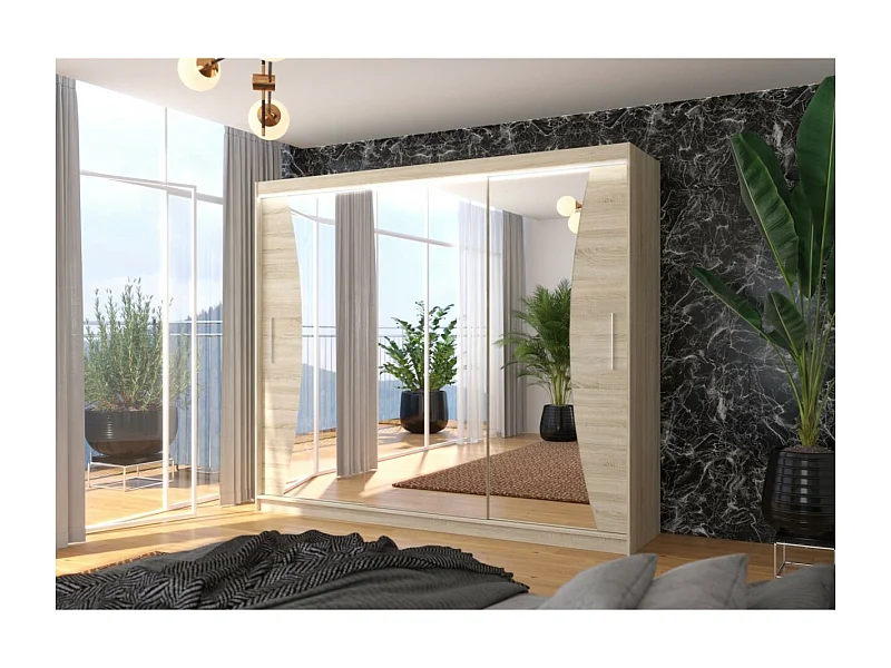Armoire Enzo (250cm)/portes coulissantes/miroir/LED/Sonoma