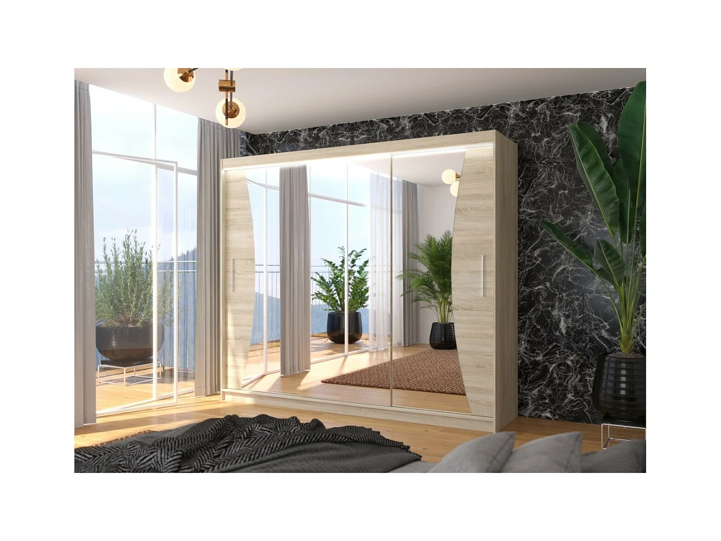 Armadio Enzo (250cm)/ante scorrevoli/specchio/LED/Sonoma