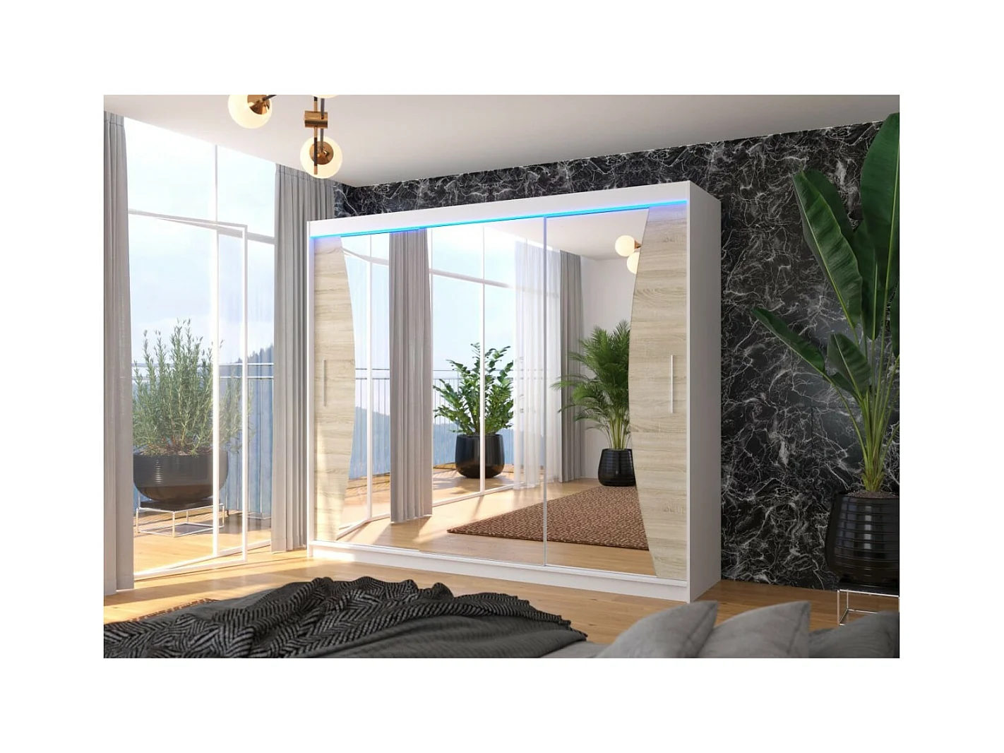 Armadio Enzo (250cm)/ante scorrevoli/specchio/LED/Bianco&Sonoma