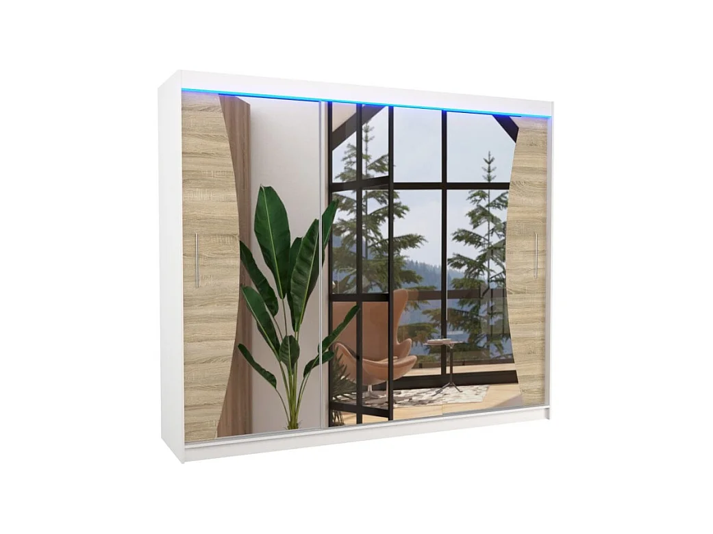 Armadio Enzo (250cm)/ante scorrevoli/specchio/LED/Bianco&Sonoma