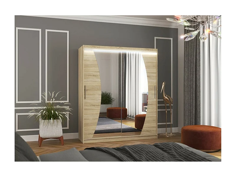 Armoire Lola (180cm)/portes coulissantes/miroir/LED/Sonoma