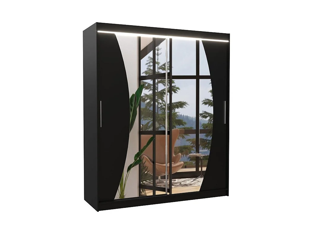 Armoire Lola (180cm)/portes coulissantes/miroir/LED/Noir