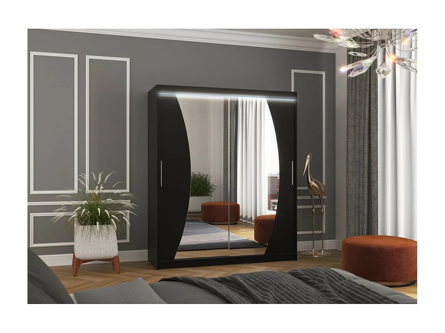 Armadio Lola (180cm)/ante scorrevoli/specchio/LED/Nero