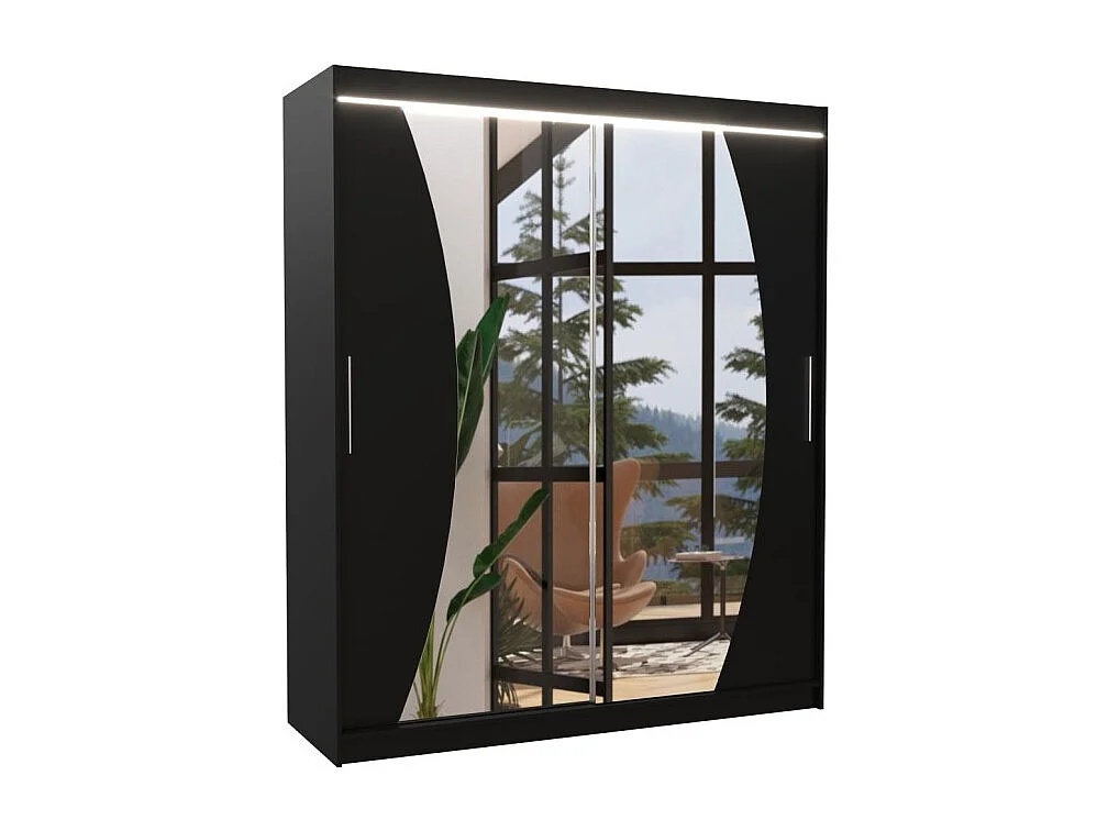 Armadio Lola (180cm)/ante scorrevoli/specchio/LED/Nero