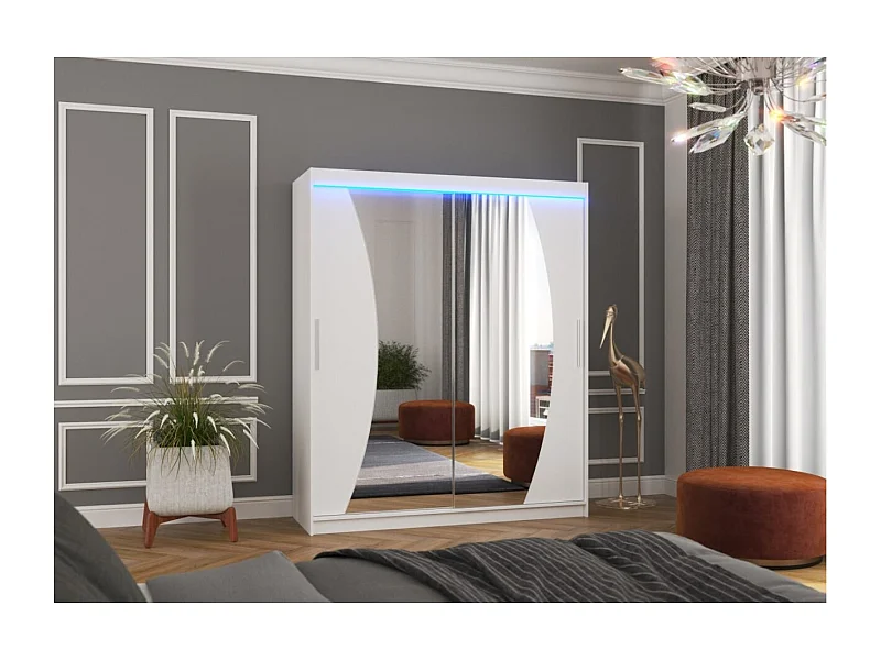 Armoire Lola (180cm)/portes coulissantes/miroir/LED/Blanc