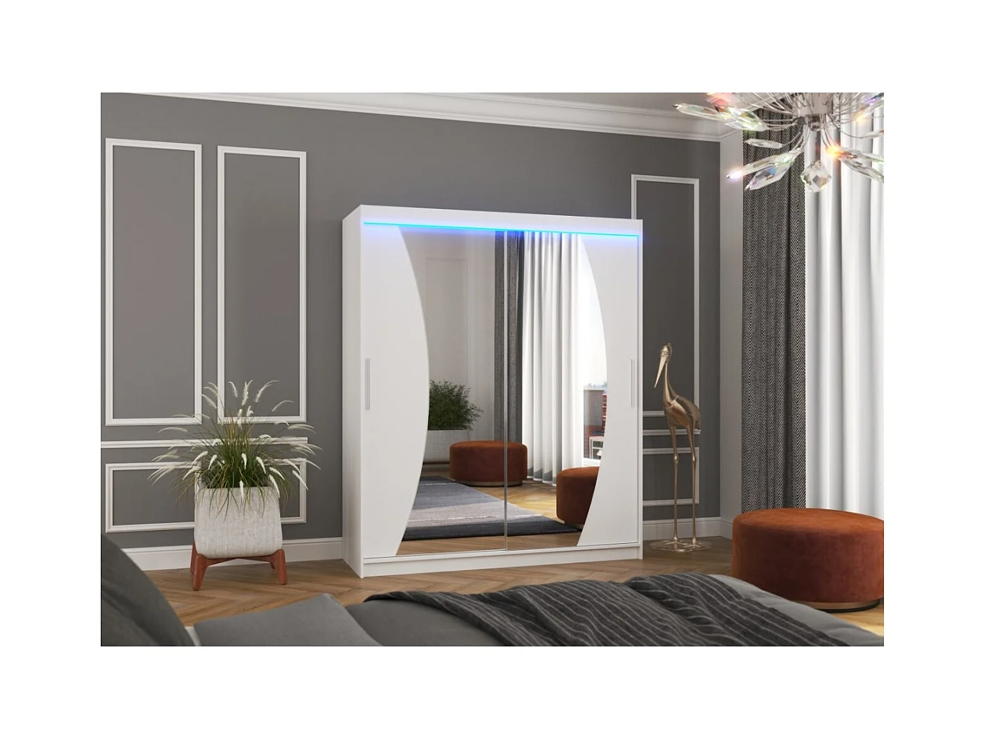 Armoire Lola (180cm)/portes coulissantes/miroir/LED/Blanc