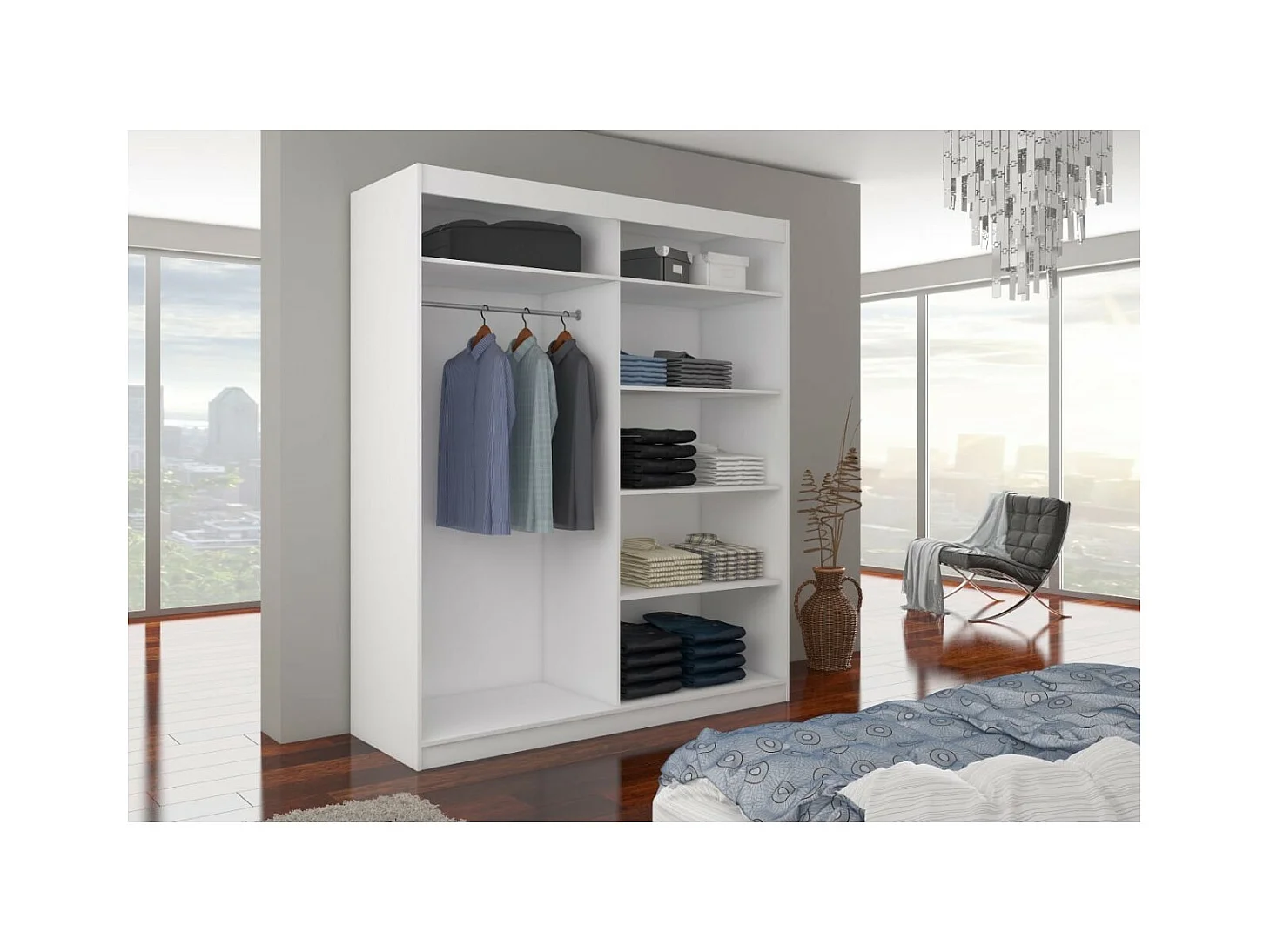 Armoire Lola (180cm)/portes coulissantes/miroir/LED/Blanc