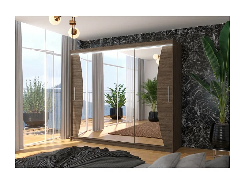 Armoire Enzo (250cm)/portes coulissantes/miroir/LED/Marron