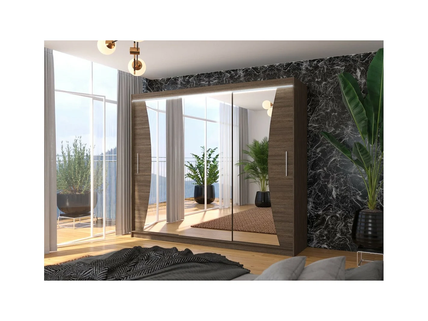 Kleiderschrank Enzo (250cm)/Schiebetüren/Spiegel/LED/Braun
