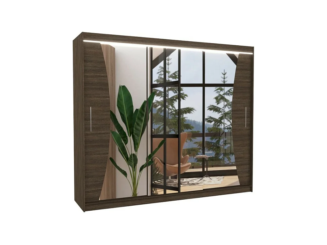 Kleiderschrank Enzo (250cm)/Schiebetüren/Spiegel/LED/Braun