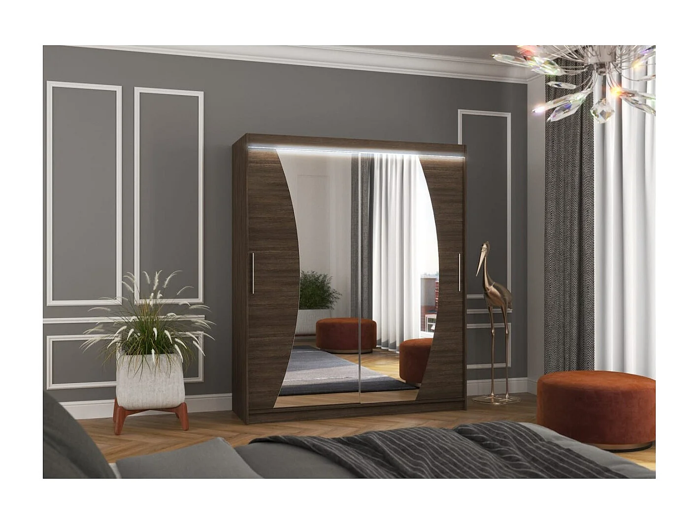 Armoire Lola (180cm)/portes coulissantes/miroir/LED/Marron