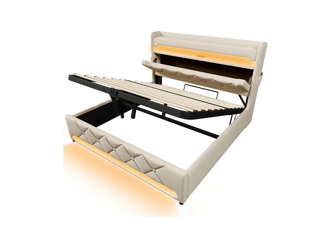 Opbergbed Beige 140x200 cm met LED - Linnen - opberg-hoofdeinde met USB en Type-C-poort