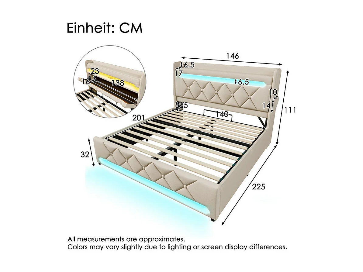 Lit coffre Beige 140x200cm avec LED - Lin - tête de lit de rangement avec USB et port de type C