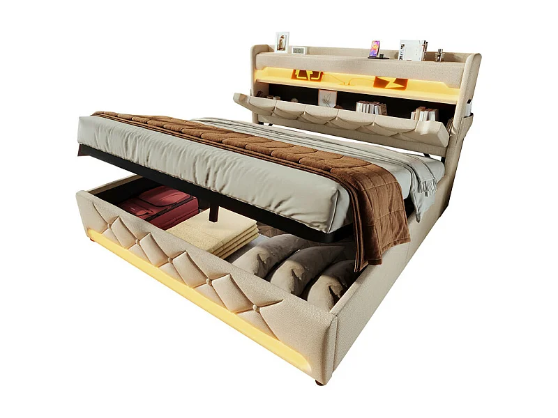 Lit coffre Beige 140x200cm avec LED - Lin - tête de lit de rangement avec USB et port de type C