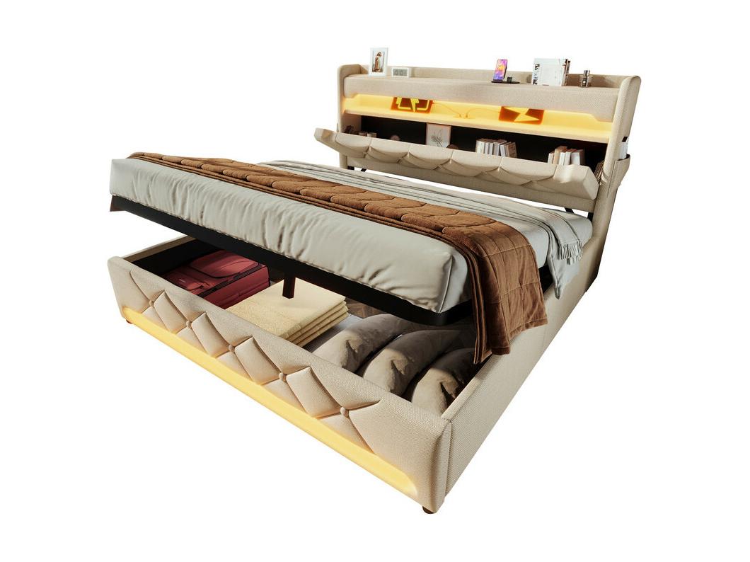Letto contenitore beige 140x200 cm con LED - Lino - testiera con contenitore con USB e porta Type C