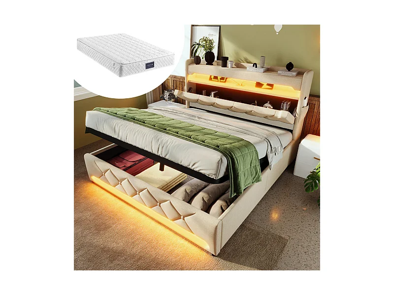 Lit coffre 160x200cm en lin beige + Matelas, avec LED, tête de lit de rangement avec USB et port de type C