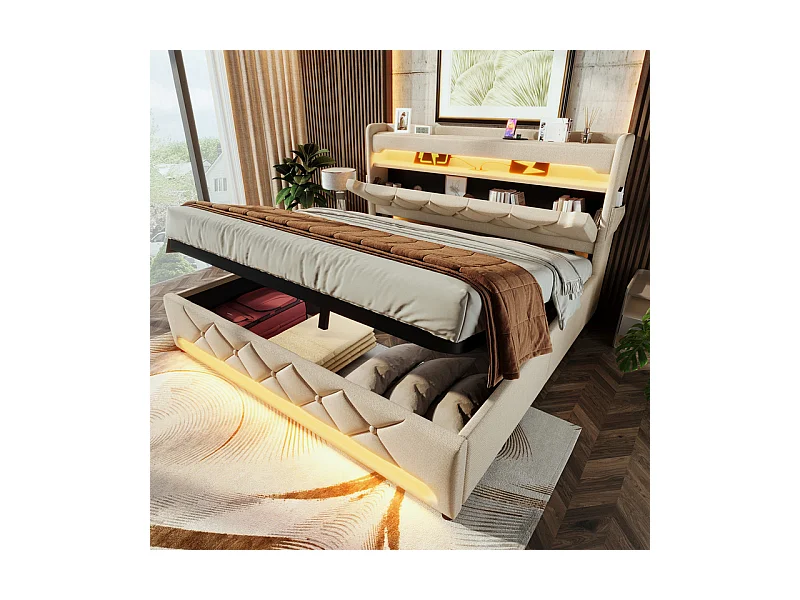 Lit coffre 160x200cm en lin beige + Matelas, avec LED, tête de lit de rangement avec USB et port de type C