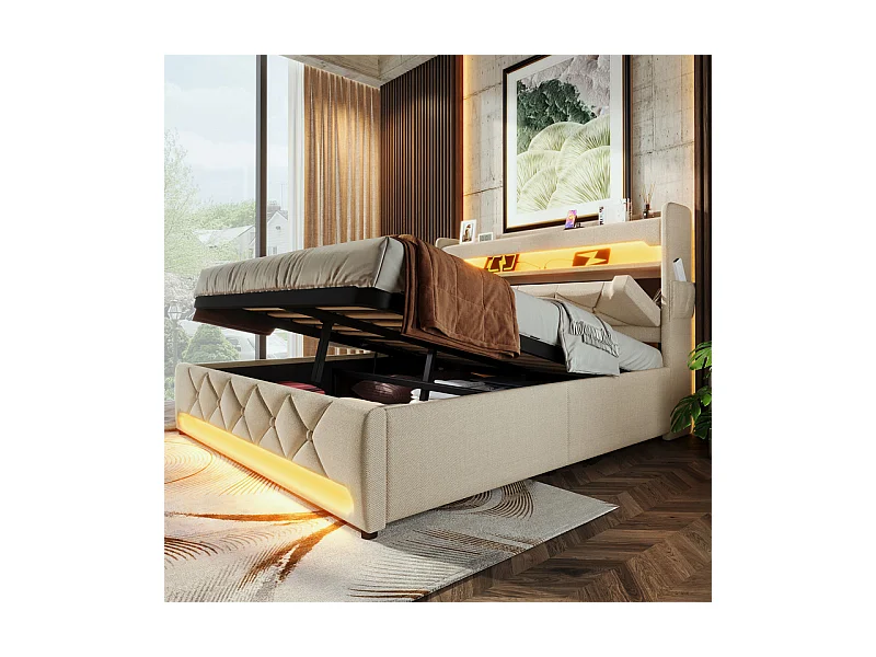 Lit coffre 160x200cm en lin beige + Matelas, avec LED, tête de lit de rangement avec USB et port de type C