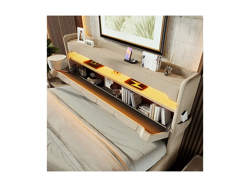Lit coffre 160x200cm en lin beige + Matelas, avec LED, tête de lit de rangement avec USB et port de type C