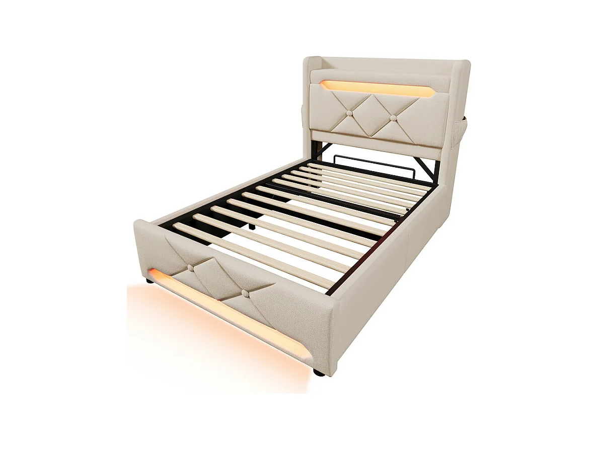 Opbergbed Beige 90x200 cm met opberg-hoofdeinde - LED en USB/Type-C-poort - max. belasting 150 kg