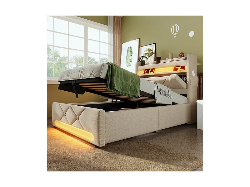 Opbergbed Beige 90x200 cm met opberg-hoofdeinde - LED en USB/Type-C-poort - max. belasting 150 kg