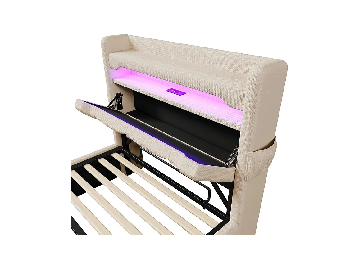 Opbergbed Beige 90x200 cm met opberg-hoofdeinde - LED en USB/Type-C-poort - max. belasting 150 kg