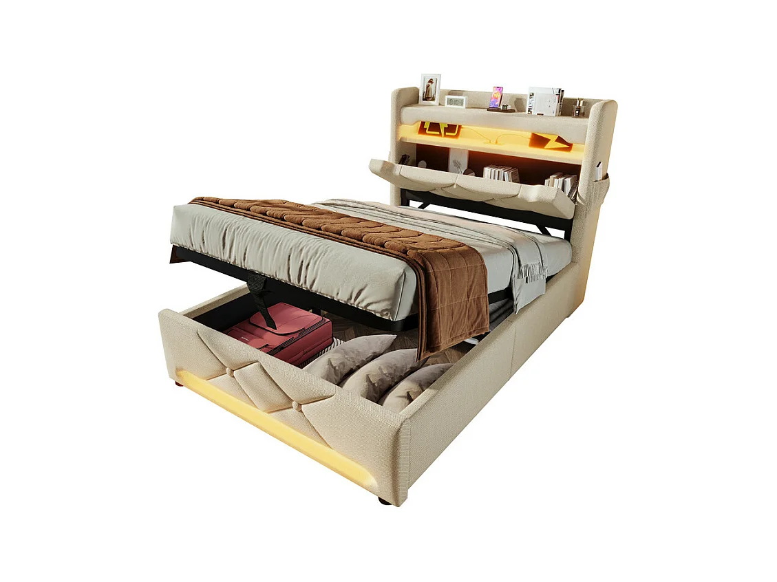 Cama con almacenaje beige 90x200 cm con cabecero con almacenamiento - LED y puertos USB/Type C - carga máxima 150 kg