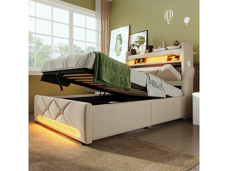 Lit coffre Beige 90x200cm avec tête de lit de rangement - LED et port de USB/Type C - charge max 150kg