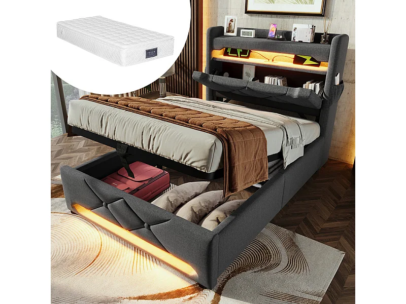 Lit coffre Gris 90x200cm + Matelas - avec tête de lit de rangement - LED et port de USB/Type C - charge max 150kg