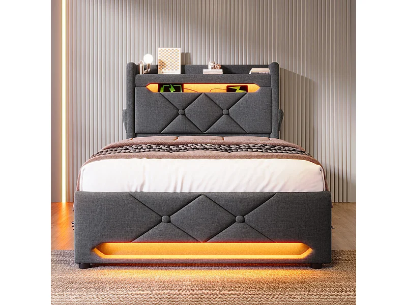 Lit coffre Gris 90x200cm + Matelas - avec tête de lit de rangement - LED et port de USB/Type C - charge max 150kg