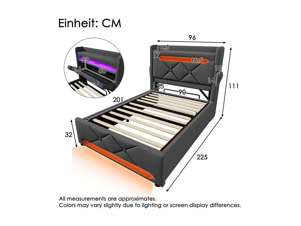 Lit coffre Gris 90x200cm avec tête de lit de rangement - LED et port de USB/Type C - charge max 150kg