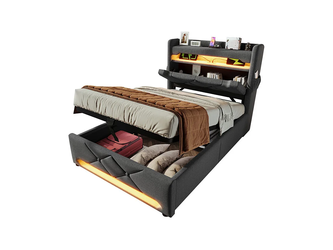 Cama con almacenaje gris 90x200 cm con cabecero con almacenamiento - LED y puertos USB/Type C - carga máxima 150 kg