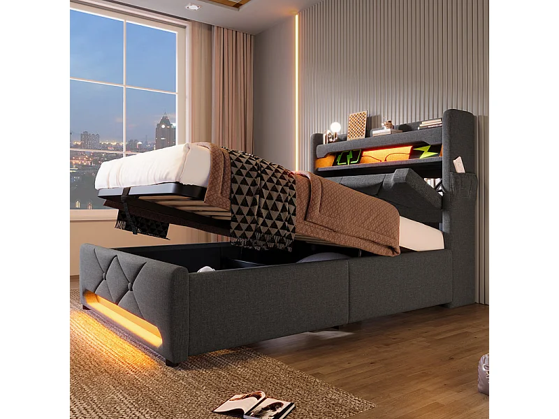 Opbergbed Grijs 90x200 cm met opberg-hoofdeinde - LED en USB/Type-C-poort - max. belasting 150 kg